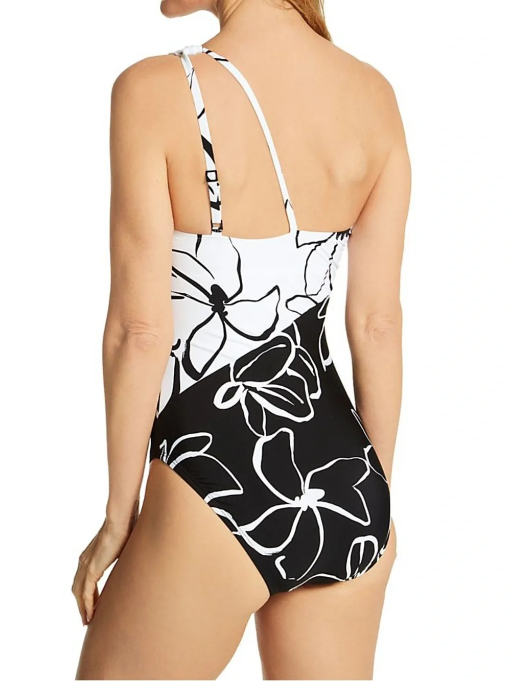 🟠NWT LA BLANCA Moonlit Silhouette One Shoulder Keyhole Swimsuit in Black/White